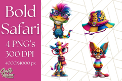 Funky Safari Animals PNG Clipart With Rainbow Hair, Cute Png Product Image 1