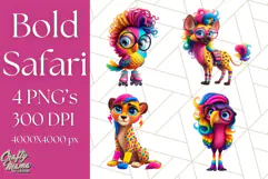 Funky Safari Animals PNG Clipart With Rainbow Hair, Cute Png Product Image 1