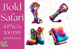 Funky Safari Animals PNG Clipart With Rainbow Hair, Cute Png Product Image 1