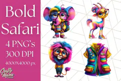 Funky Safari Animals PNG Clipart With Rainbow Hair, Cute Png Product Image 1