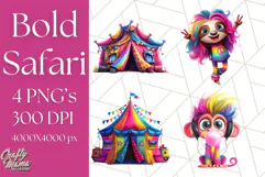 Funky Safari Animals PNG Clipart With Rainbow Hair, Cute Png Product Image 1