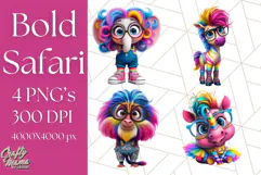 Funky Safari Animals PNG Clipart With Rainbow Hair, Cute Png Product Image 1