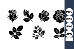Rose flower and leaf silhouettes set black vector illustrati Product Image 1