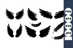 Black wing silhouettes and feathers vector illustration set Product Image 1