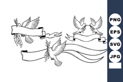 Flying doves holding blank ribbons vintage style illustratio Product Image 1