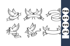 Dove and Ribbon Vector Set with Flying Birds Holding Blank B Product Image 1
