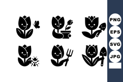 Tulip flower gardening tools and insects vector icons in bla Product Image 1