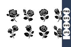 Black Silhouette Rose Flower Vector Set with Leaves and Buds Product Image 1