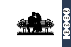 Romantic couple sitting on park bench with flowers silhouett Product Image 1
