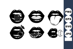 Retro black lips with tongue, cherry, and fruit slices vecto Product Image 1
