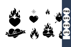 Set of flaming heart symbols with arrows and ribbon in black Product Image 1
