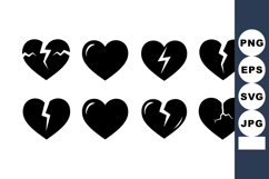 Broken and whole heart icons vector in black silhouette styl Product Image 1