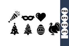 Festive holiday party icons with Christmas tree, mask, heart Product Image 1