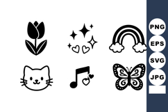 Cute black and white simple icons of tulip, cat, butterfly, Product Image 1