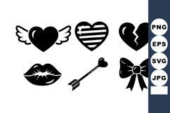 Love and Romance Icons Set with Hearts Wings Arrow and Ribbo Product Image 1
