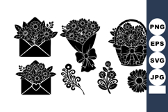 Black silhouette floral bouquets and flower basket vector se Product Image 1