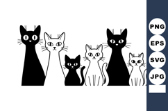 Black and white cats vector illustration with six cats sitti Product Image 1