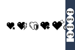 Pixelated black and white heart icons with shield, lightning Product Image 1