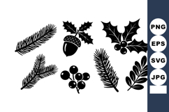 Pine branches holly leaves acorn and berries black silhouett Product Image 1