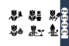 Tulip flower gardening icons with tools and insects vector s Product Image 1
