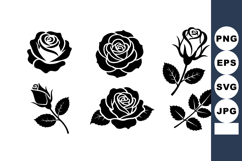 Rose flower vector black silhouette set with leaves natural Product Image 1
