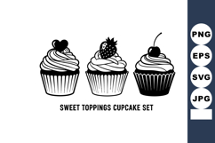 Sweet cupcake set with heart strawberry and cherry toppings Product Image 1