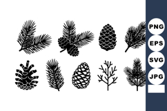 Pine cones and evergreen tree branches black silhouette vect Product Image 1