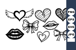 Hand drawn black and white love hearts lips and bows vector Product Image 1