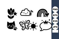 Cute cartoon icons of cat flower cloud rainbow butterfly sun Product Image 1