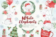 Watercolor White Elephant Christmas Clipart, Xmas Animal PNG Product Image 1