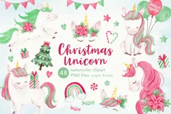 Watercolor Christmas Unicorns Clipart, Magical Xmas PNG Product Image 1