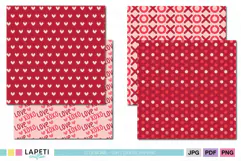 Valentine craft papers featuring playful heart patterns, romantic typography, plaid and colorful coordinating designs.