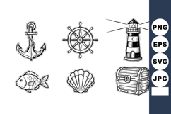 Nautical vector set with anchor, ship wheel, lighthouse, fis Product Image 1