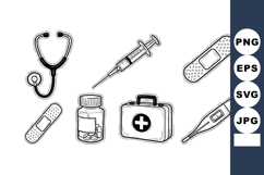 Medical equipment set with stethoscope syringe medicine bott Product Image 1