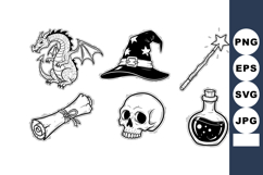 Magic themed vector set with dragon, wizard hat, skull, wand Product Image 1