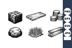 Construction materials set with bricks wood metal and grass Product Image 1