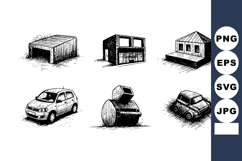Set of black and white rough sketch urban buildings and cars Product Image 1