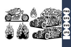 Motorcycle and Hot Rod Cars with Flames Vector Illustration Product Image 1
