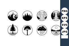 Nature elements icons with mountains trees waterfall rain an Product Image 1