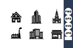 Urban buildings house church factory shop vector icons silho Product Image 1