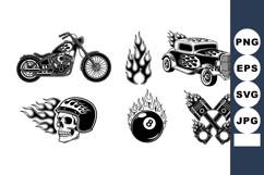 Motorcycle and Hot Rod Car with Flames Skull Helmet and Engi Product Image 1