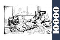 Vintage travel exploration items with boots camera compass a Product Image 1