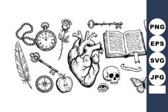 Vintage style anatomical heart with keys, pocket watch, skul Product Image 1