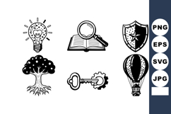Vintage style icons of light bulb, book with magnifier, shie Product Image 1