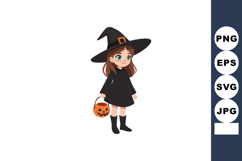 Little girl dressed as Halloween witch holding pumpkin bucke Product Image 1