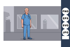 Elderly male nurse in blue scrubs standing in medical facili Product Image 1