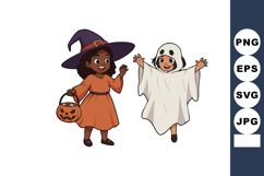 Children dressed in Halloween witch and ghost costumes holdi Product Image 1