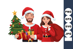 Couple in Santa Hats Holding Christmas Tree and Gifts for Ho Product Image 1