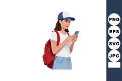 Young woman wearing cap and red backpack using smartphone ve Product Image 1