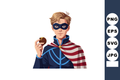 Young superhero wearing american flag cape eating chocolate Product Image 1